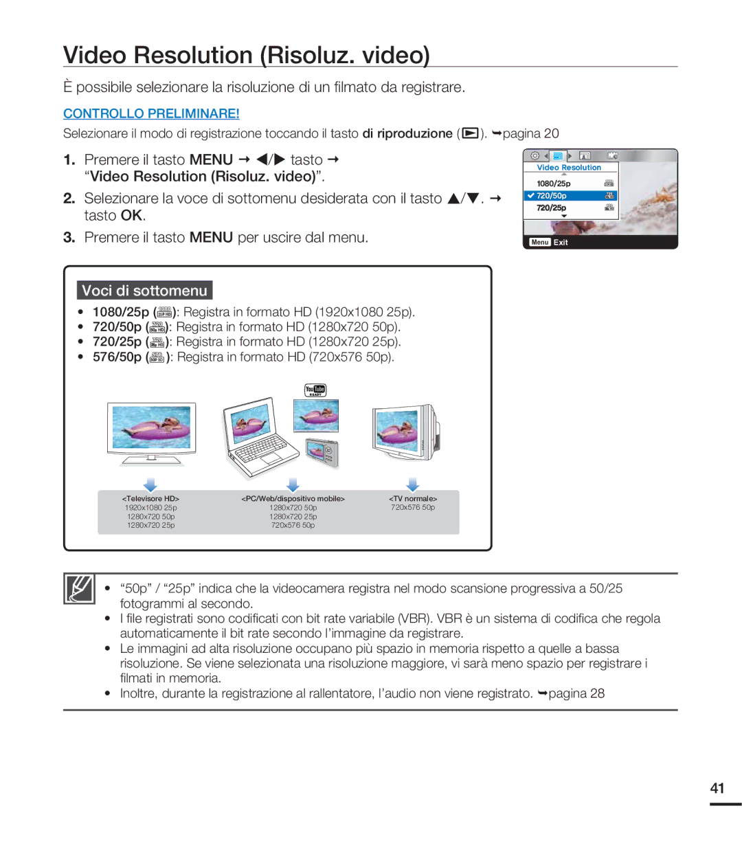 Samsung HMX-U20SP/EDC, HMX-U20RP/EDC, HMX-U20BP/EDC, HMX-U20LP/EDC manual Video Resolution Risoluz. video, Voci di sottomenu 