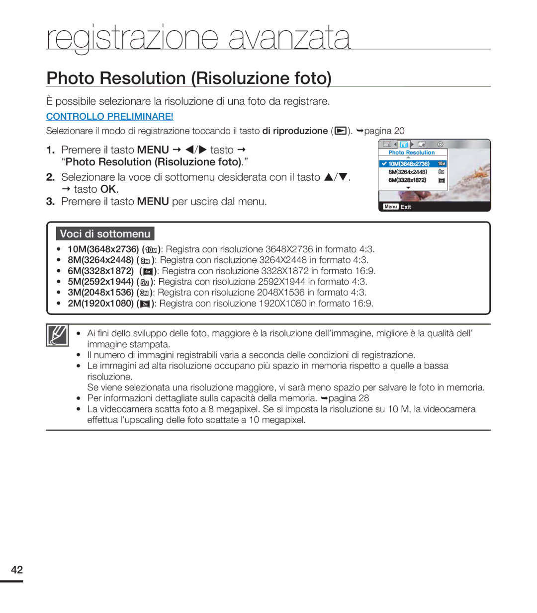 Samsung HMX-U20RP/EDC, HMX-U20BP/EDC, HMX-U20LP/EDC Photo Resolution Risoluzione foto, Premere il tasto Menu € W/X tasto € 