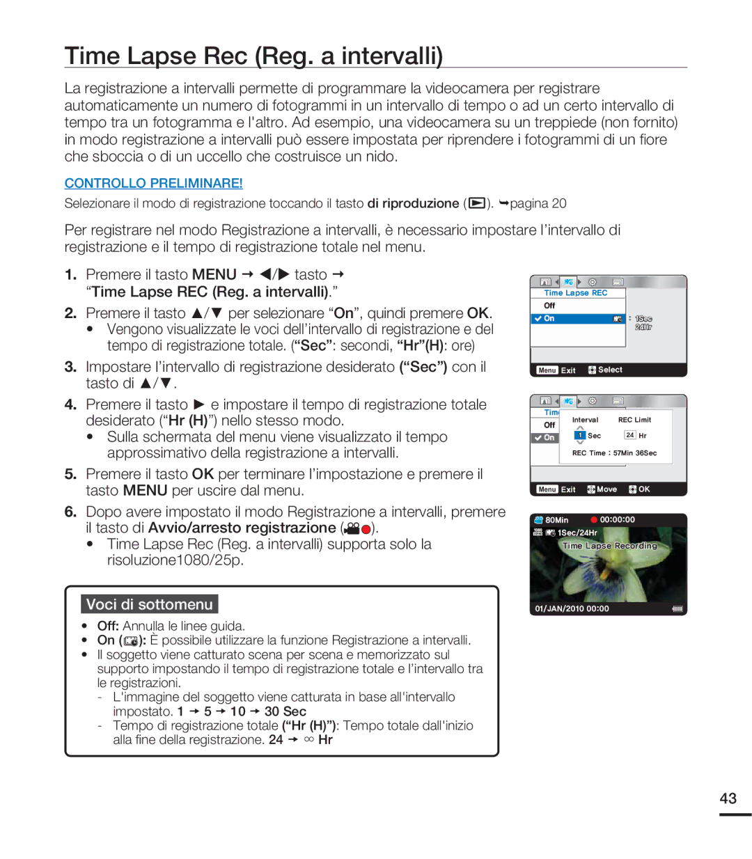 Samsung HMX-U20BP/EDC, HMX-U20RP/EDC, HMX-U20LP/EDC, HMX-U20SP/EDC manual Time Lapse Rec Reg. a intervalli 