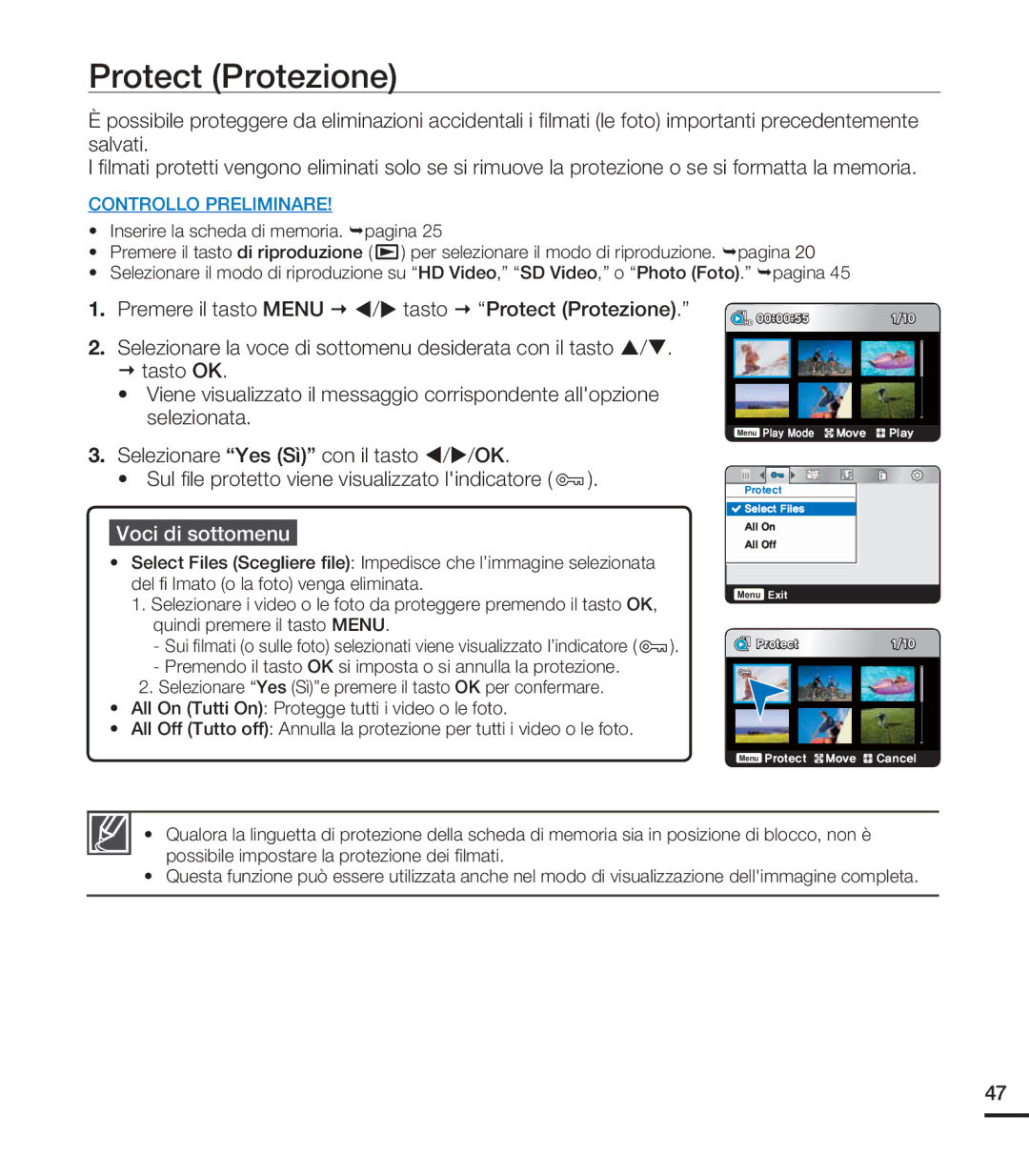 Samsung HMX-U20BP/EDC, HMX-U20RP/EDC, HMX-U20LP/EDC manual Premere il tasto Menu € W/X tasto € Protect Protezione 