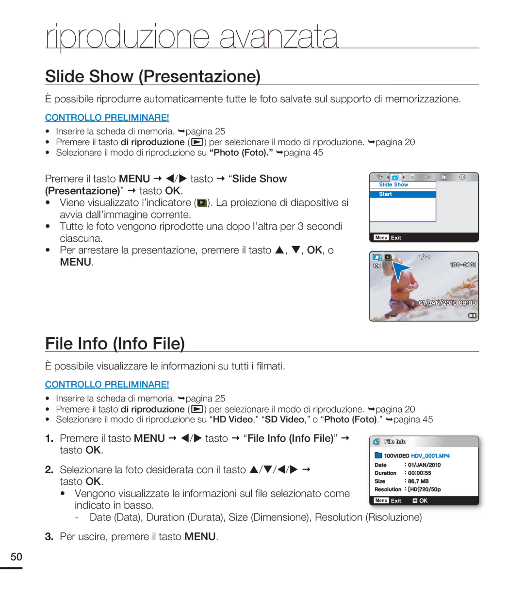 Samsung HMX-U20RP/EDC, HMX-U20BP/EDC, HMX-U20LP/EDC, HMX-U20SP/EDC manual Slide Show Presentazione, File Info Info File 