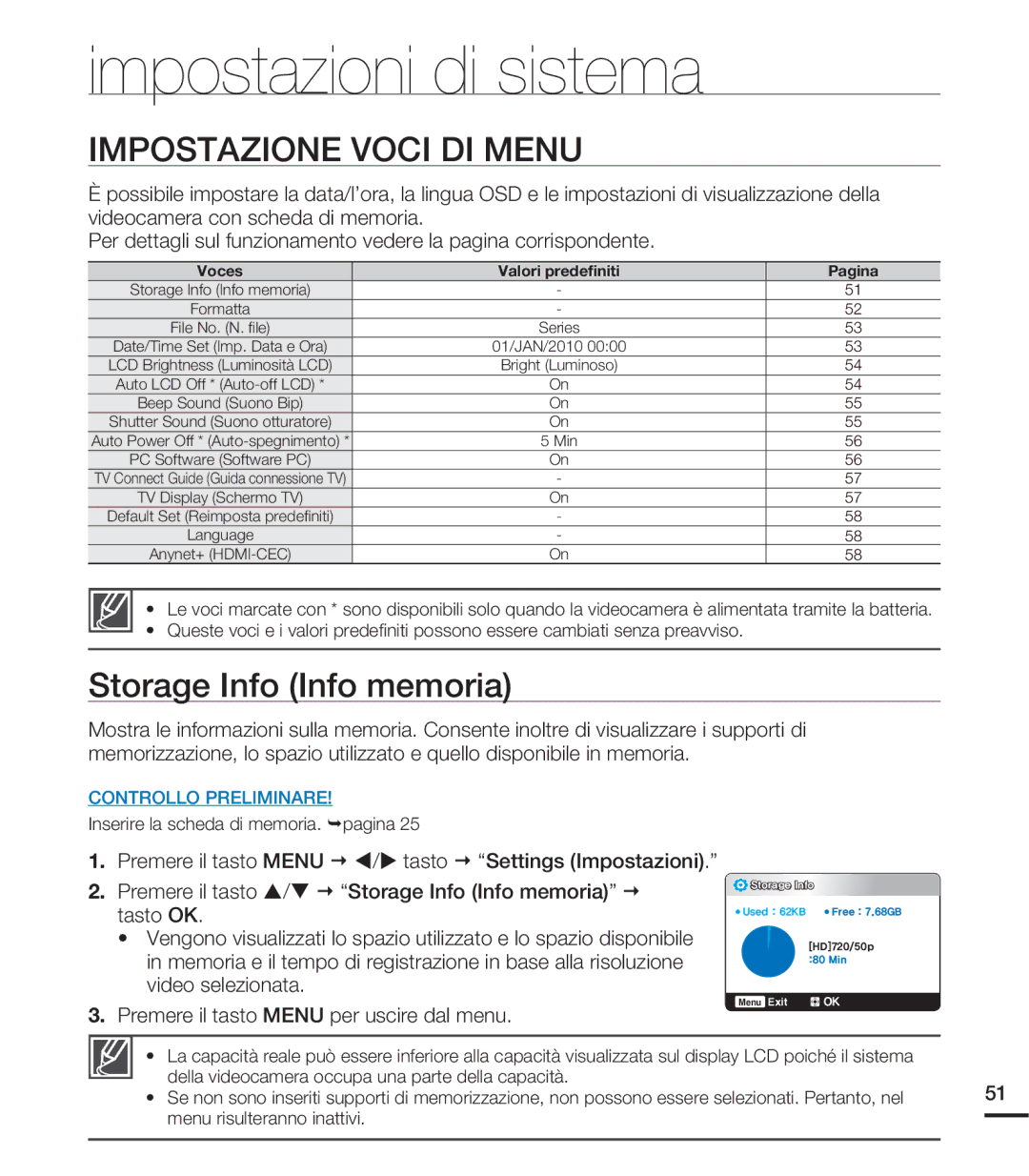 Samsung HMX-U20BP/EDC, HMX-U20RP/EDC manual Impostazioni di sistema, Impostazione Voci DI Menu, Storage Info Info memoria 