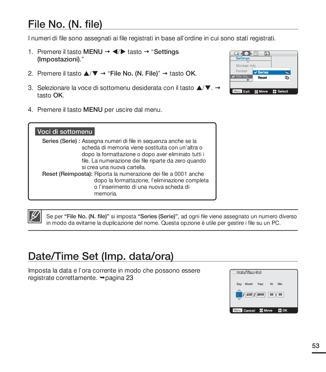 Samsung HMX-U20SP/EDC, HMX-U20RP/EDC, HMX-U20BP/EDC, HMX-U20LP/EDC manual File No. N. ﬁle, Date/Time Set Imp. data/ora 