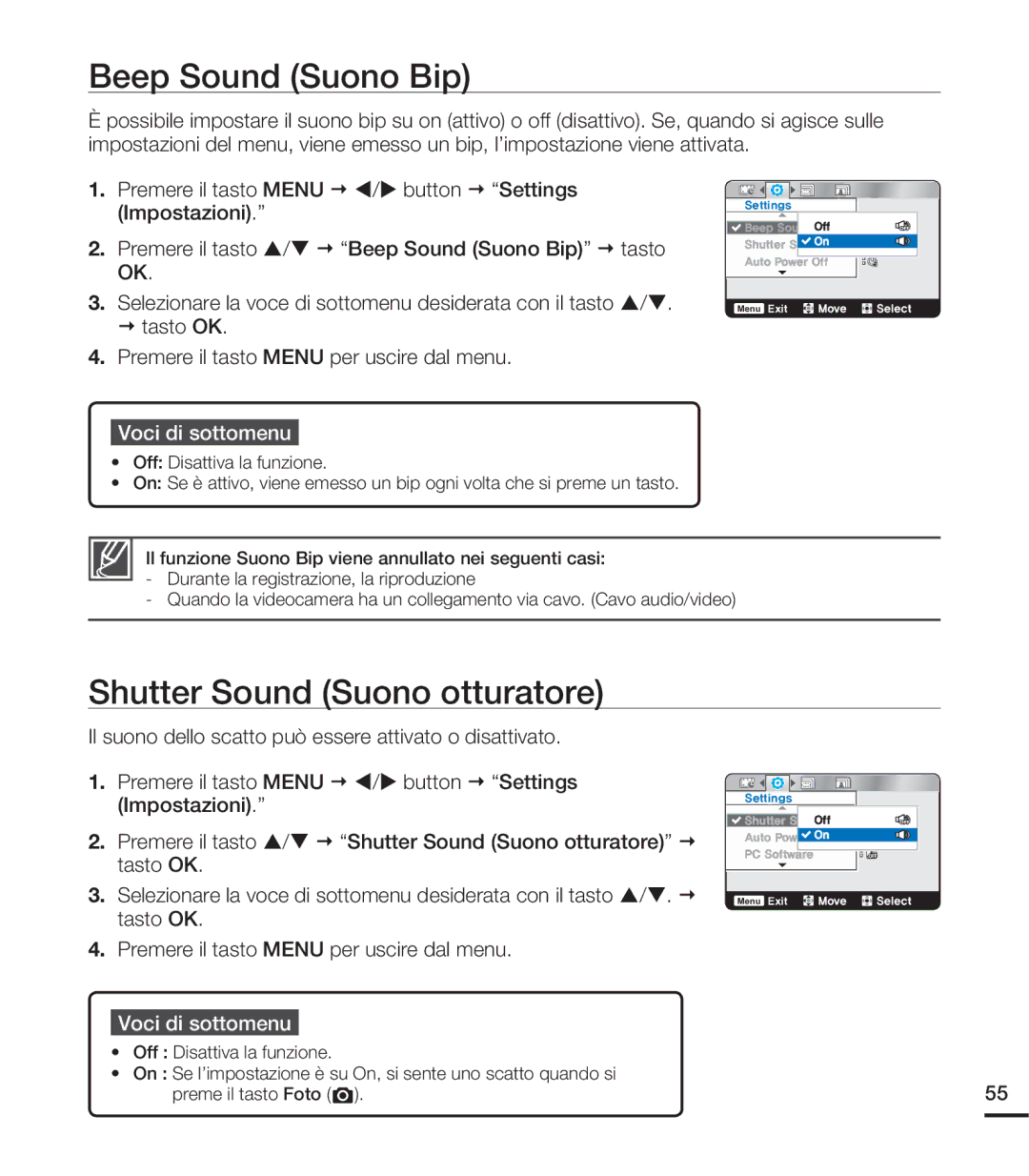 Samsung HMX-U20BP/EDC, HMX-U20RP/EDC, HMX-U20LP/EDC, HMX-U20SP/EDC manual Beep Sound Suono Bip, Shutter Sound Suono otturatore 