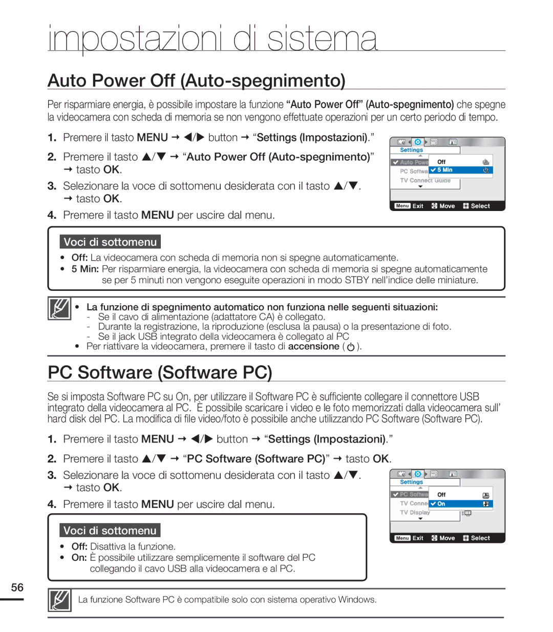 Samsung HMX-U20LP/EDC, HMX-U20RP/EDC, HMX-U20BP/EDC, HMX-U20SP/EDC Auto Power Off Auto-spegnimento, PC Software Software PC 