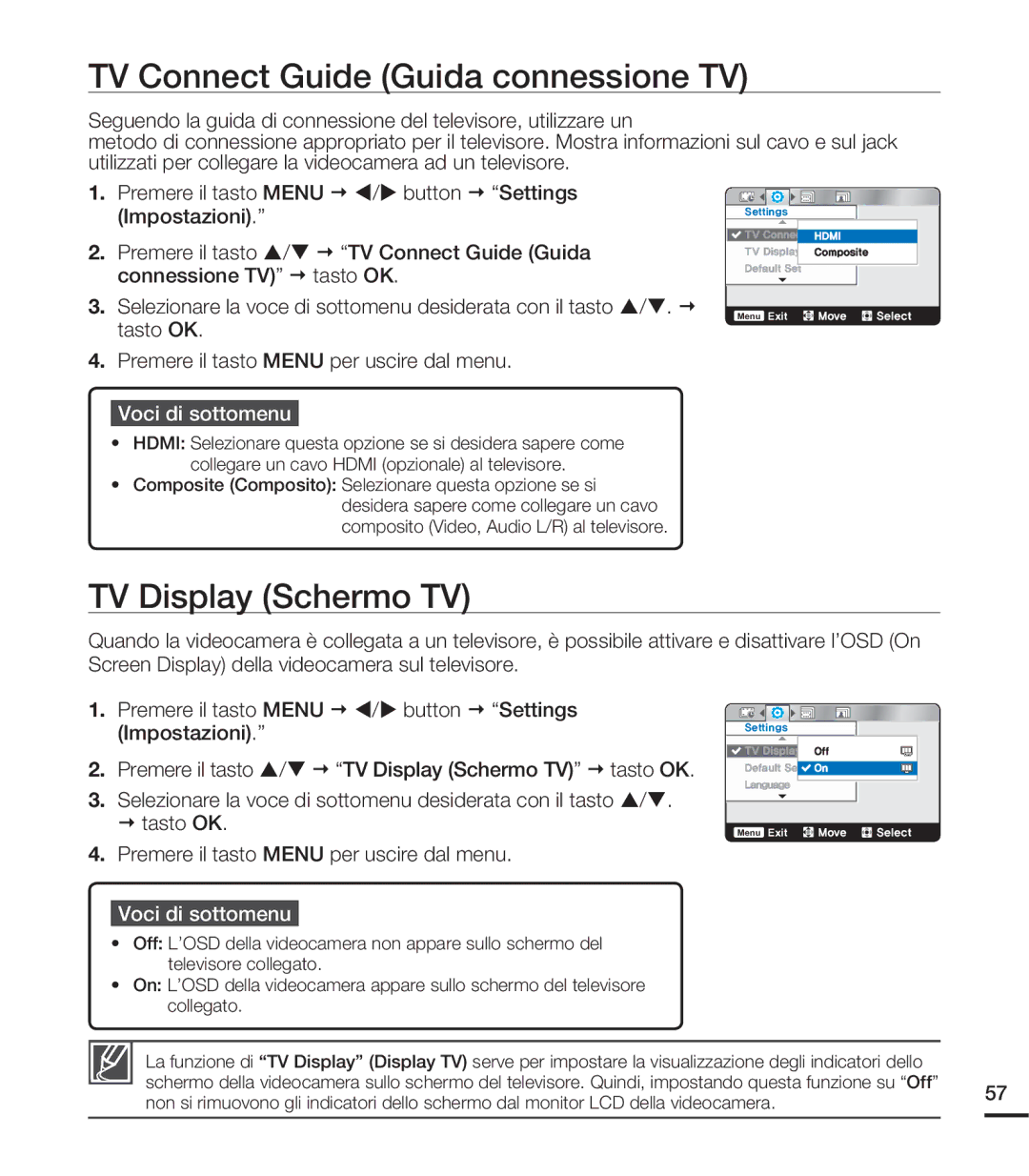 Samsung HMX-U20SP/EDC, HMX-U20RP/EDC, HMX-U20BP/EDC manual TV Connect Guide Guida connessione TV, TV Display Schermo TV 