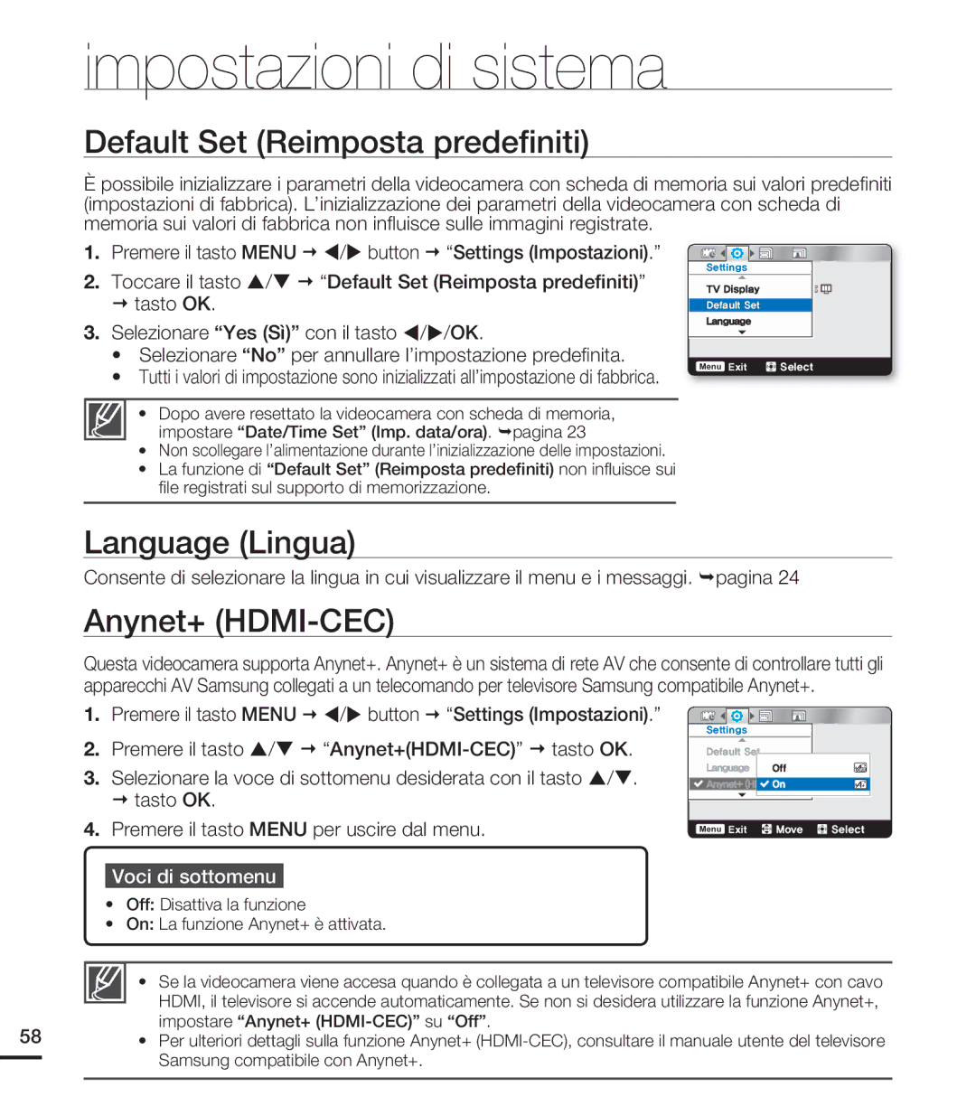 Samsung HMX-U20RP/EDC, HMX-U20BP/EDC, HMX-U20LP/EDC Default Set Reimposta predeﬁniti, Language Lingua, Anynet+ HDMI-CEC 