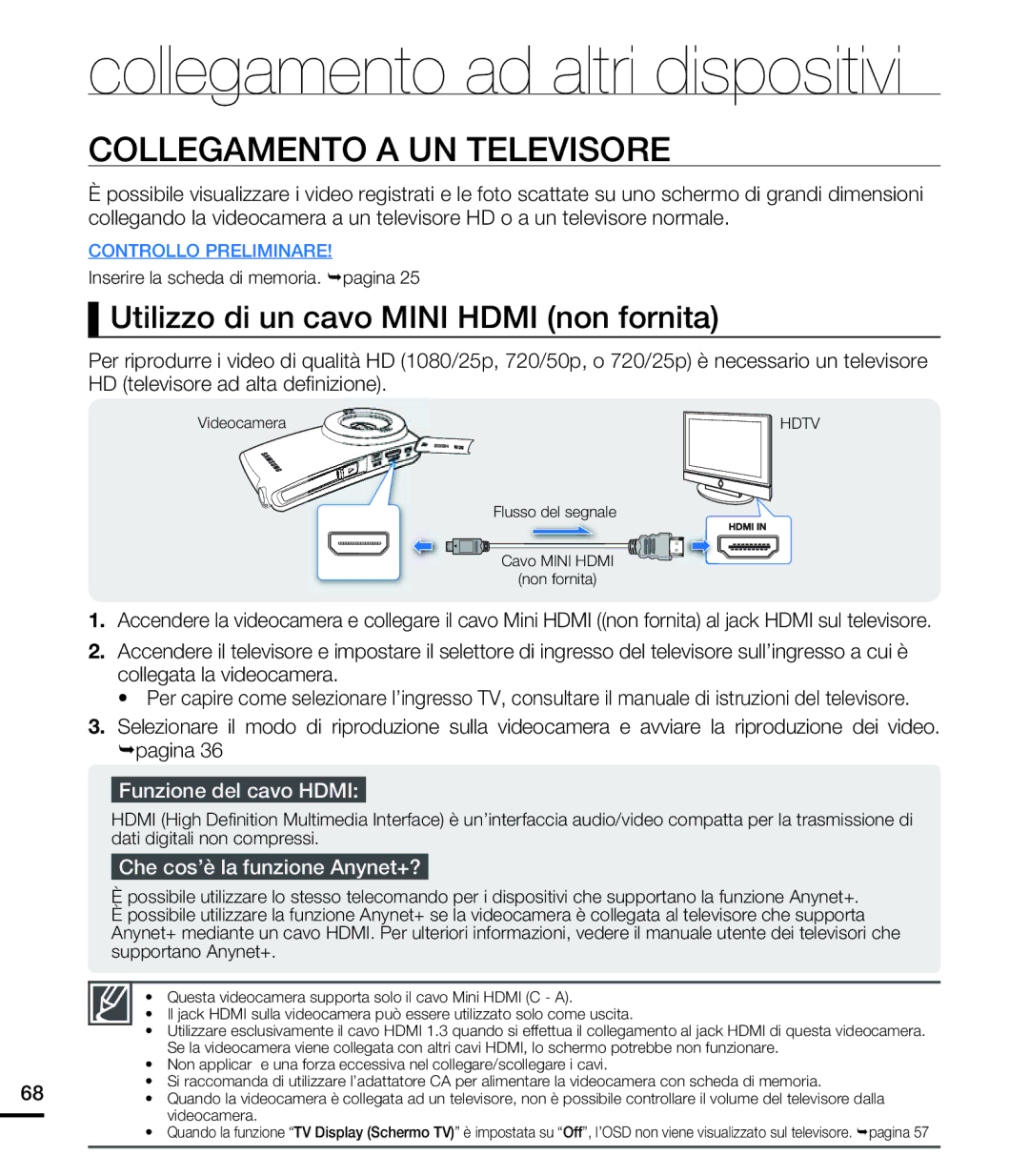 Samsung HMX-U20LP/EDC manual Collegamento ad altri dispositivi, Collegamento a UN Televisore, Funzione del cavo Hdmi 