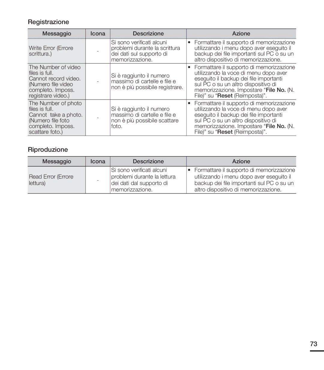 Samsung HMX-U20SP/EDC, HMX-U20RP/EDC, HMX-U20BP/EDC, HMX-U20LP/EDC manual Registrazione, Riproduzione 