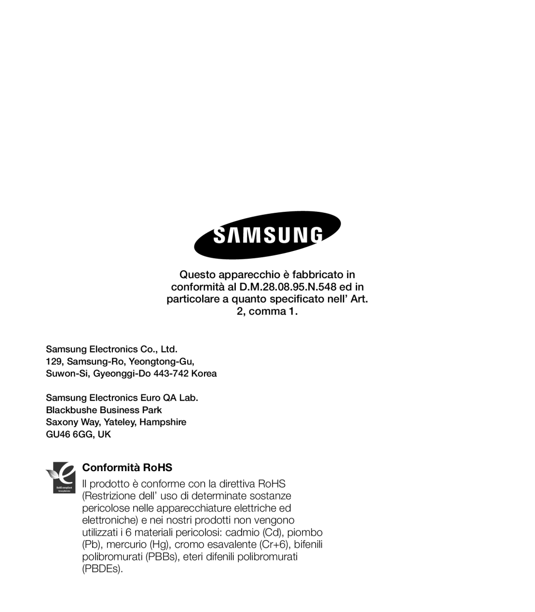 Samsung HMX-U20LP/EDC, HMX-U20RP/EDC, HMX-U20BP/EDC, HMX-U20SP/EDC manual Conformità RoHS 