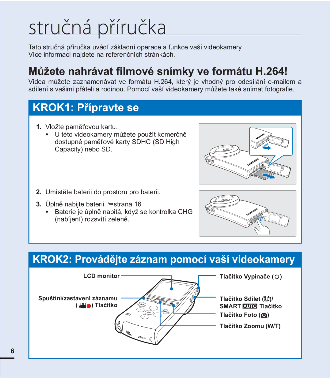 Samsung HMX-U20RP/EDC manual Stručná příručka, 0ĤåHWHQDKUiYDW¿OPRYpVQtPN\YHIRUPiWX+,  9ORåWHSDPČĢRYRXNDUWX 