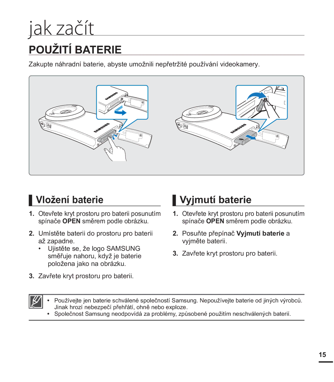 Samsung HMX-U20BP/EDC, HMX-U20RP/EDC manual 328ä,7Ë%$75, 9ORåHQtEDWHULH,  3RVXĖWHSĜHStQDþ9\MPXWtEDWHULH a 