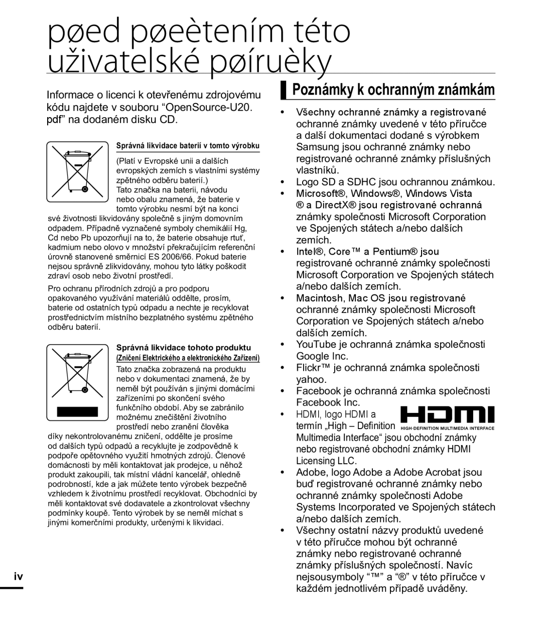 Samsung HMX-U20RP/EDC, HMX-U20BP/EDC, HMX-U20LP/EDC, HMX-U20SP/EDC manual Pøed pøeètením této uživatelské pøíruèky 