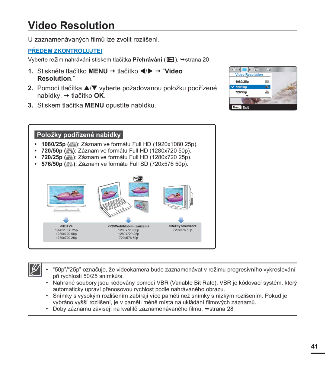 Samsung HMX-U20SP/EDC, HMX-U20RP/EDC 9LGHR5HVROXWLRQ, DQDPHQiYDQêFK¿OPĤOHYROLWUROLãHQt, 3RORåN\SRGĜtHQpQDEtGN 