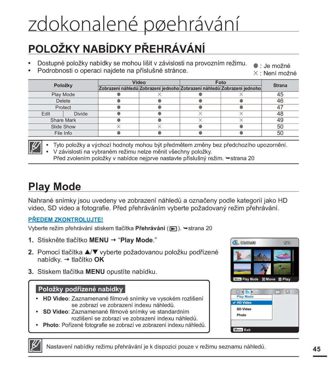 Samsung HMX-U20SP/EDC, HMX-U20RP/EDC, HMX-U20BP/EDC manual Zdokonalené pøehrávání, 32/2ä.1$%Ë.3ě+5È9È1Ë, 3OD\0RGH 