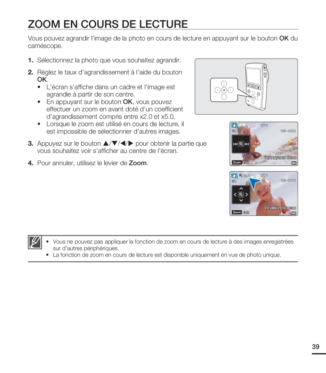 Samsung HMX-U20BP/EDC, HMX-U20RP/EDC manual Zoom EN Cours DE Lecture 