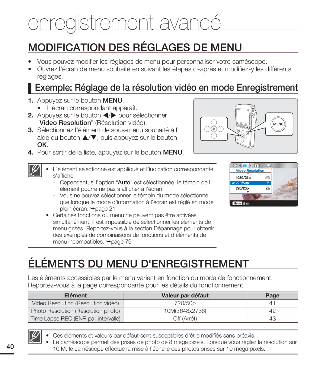 Samsung HMX-U20RP/EDC manual Enregistrement avancé, Modification DES Réglages DE Menu, Éléments DU Menu Denregistrement 