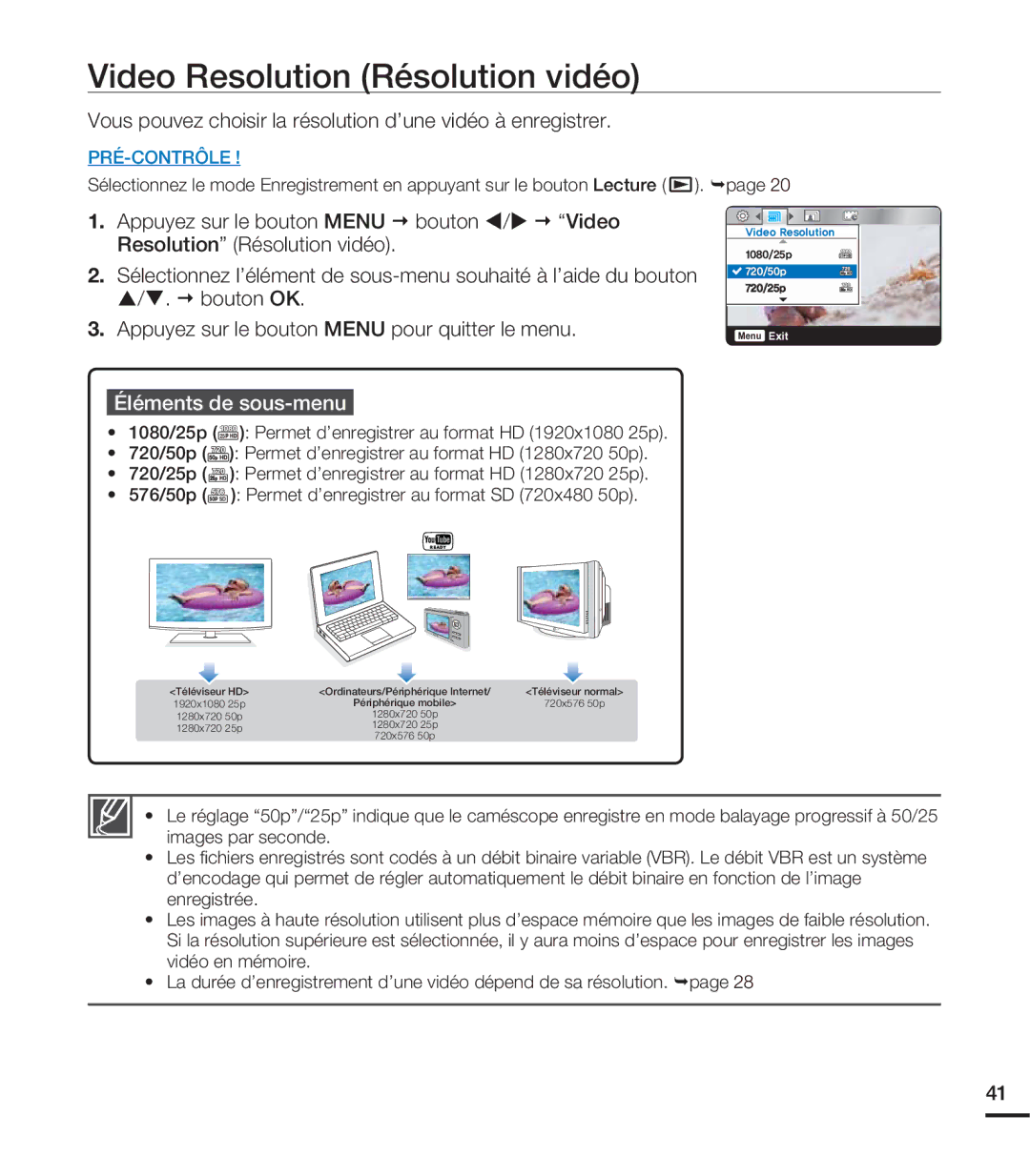 Samsung HMX-U20BP/EDC manual Video Resolution Résolution vidéo, Vous pouvez choisir la résolution d’une vidéo à enregistrer 