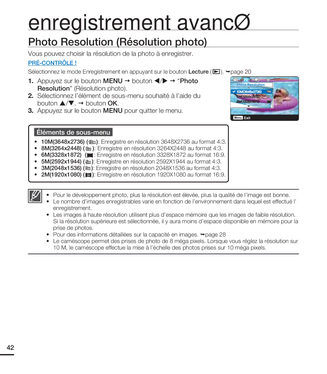 Samsung HMX-U20RP/EDC manual Photo Resolution Résolution photo, Vous pouvez choisir la résolution de la photo à enregistrer 