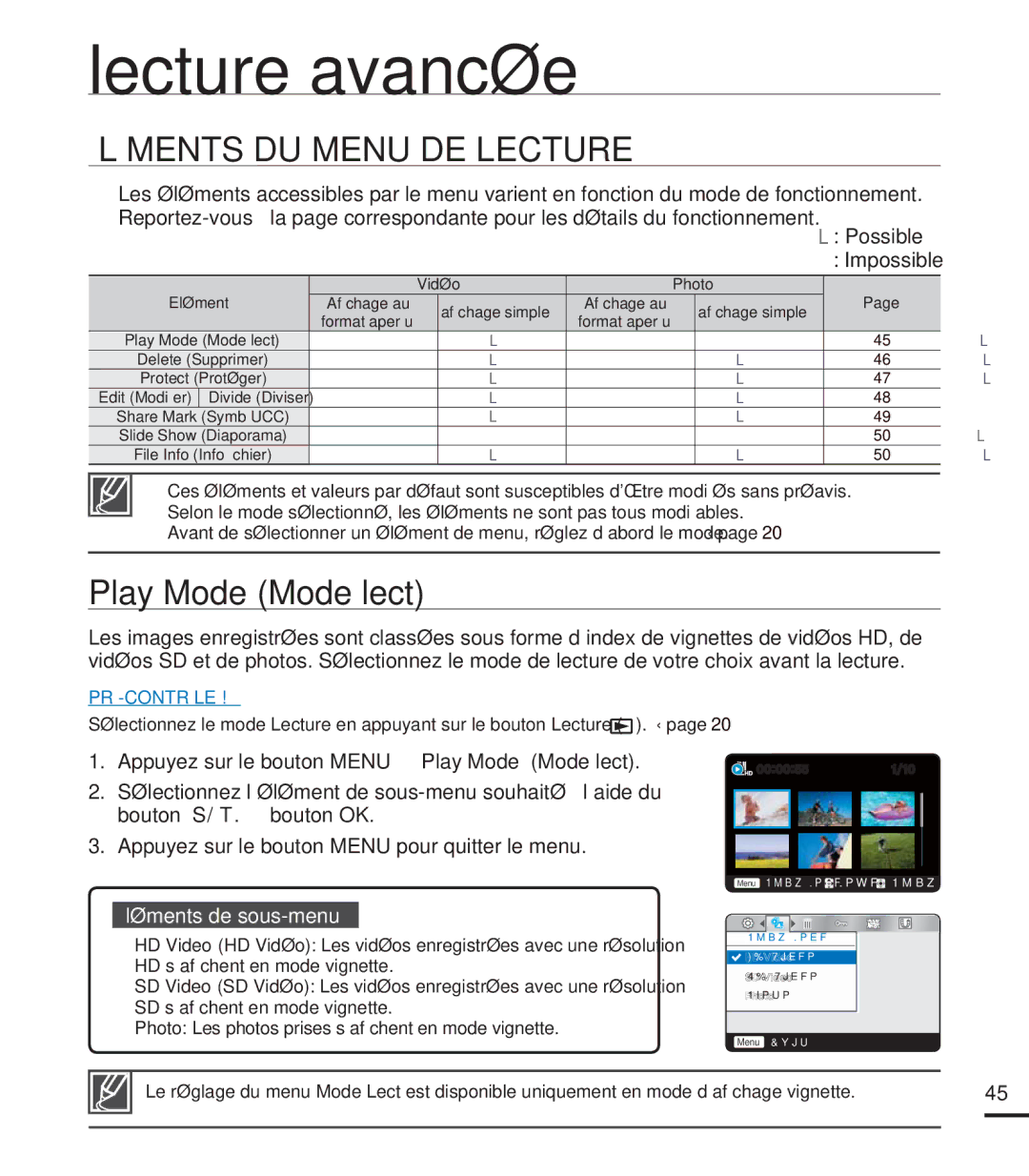 Samsung HMX-U20BP/EDC, HMX-U20RP/EDC manual Lecture avancée, Éléments DU Menu DE Lecture, Play Mode Mode lect 