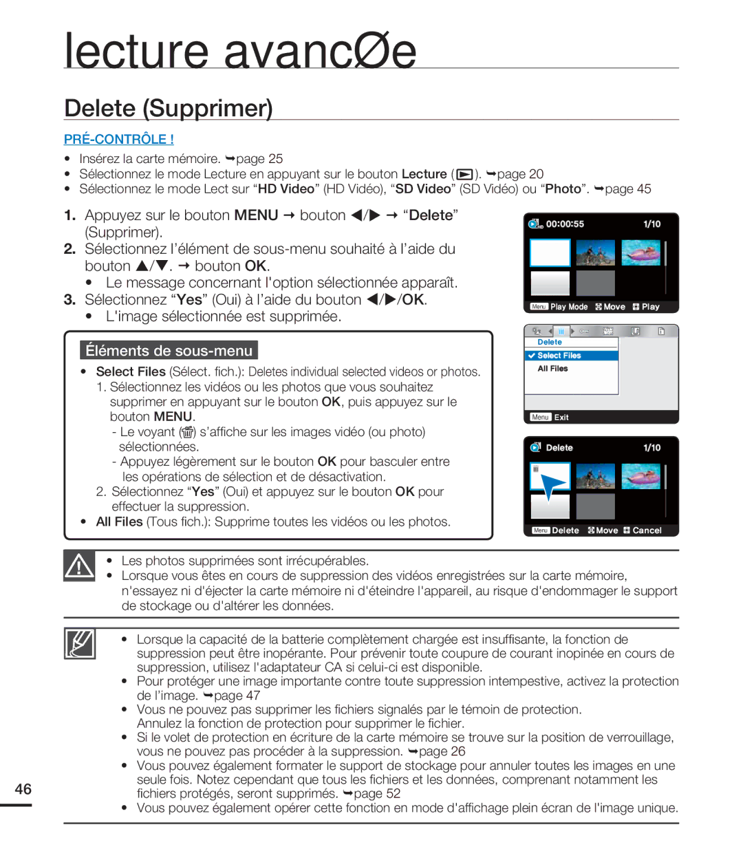 Samsung HMX-U20RP/EDC, HMX-U20BP/EDC manual Delete Supprimer 