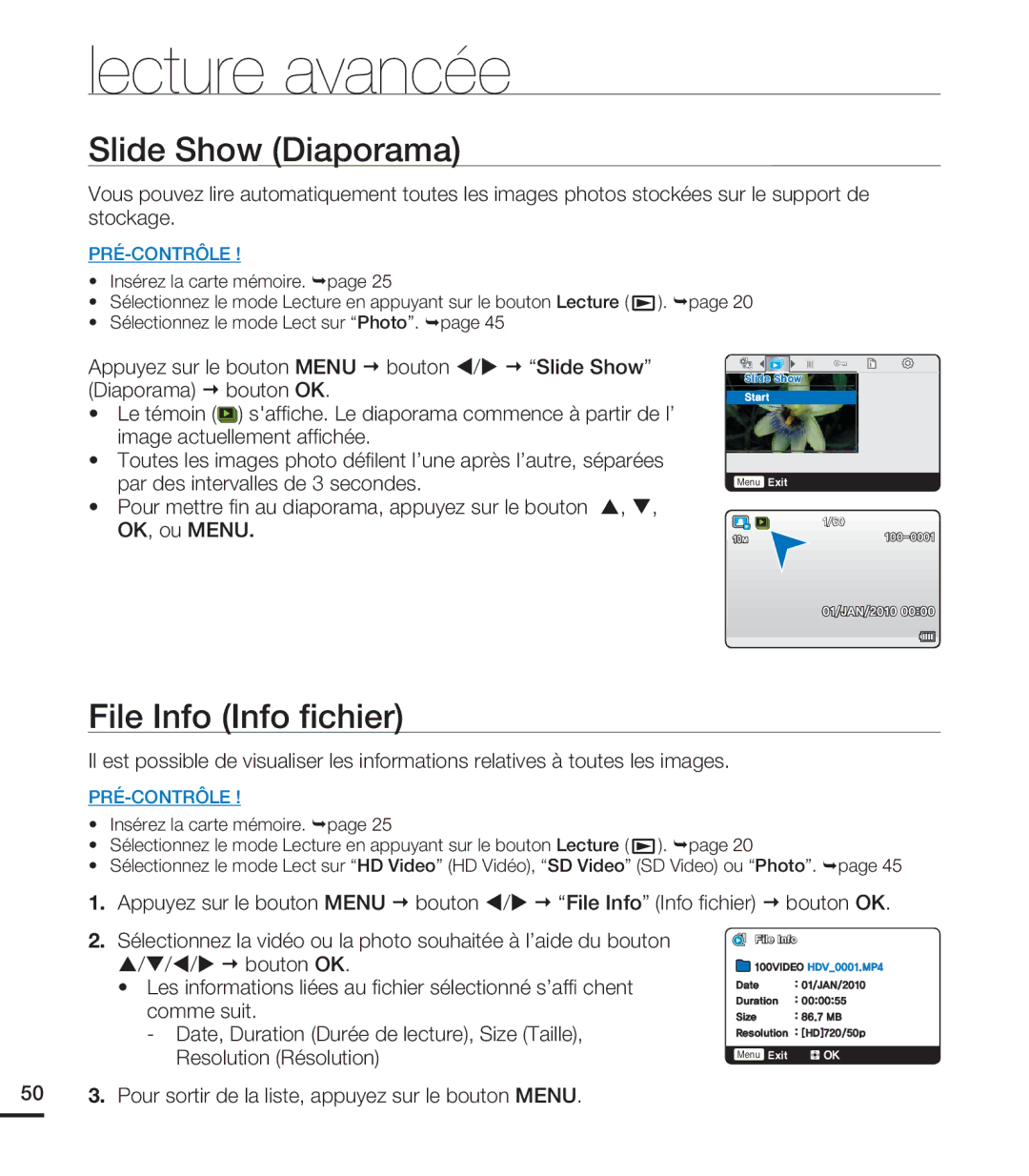 Samsung HMX-U20RP/EDC, HMX-U20BP/EDC manual Slide Show Diaporama, File Info Info ﬁchier 