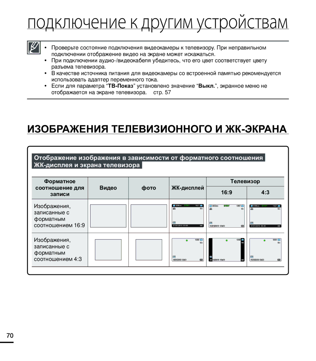 Samsung HMX-U20BP/XER, HMX-U20RP/XER manual Изображения Телевизионного И ЖК-ЭКРАНА, Записанные с Форматным Соотношением 