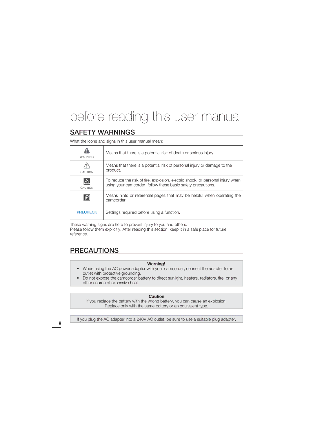 Samsung HMX-U20RN, HMX-U20SN, HMX-U20BN, HMX-U20LN user manual Safety Warnings, Precautions, Product 