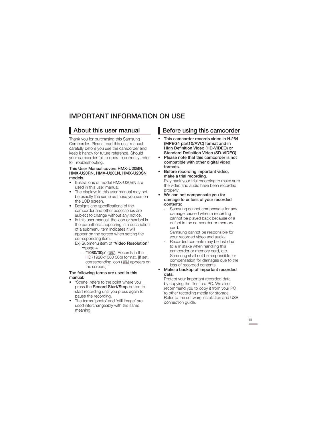 Samsung HMX-U20LN, HMX-U20SN, HMX-U20BN, HMX-U20RN user manual Important Information on USE, Before using this camcorder 