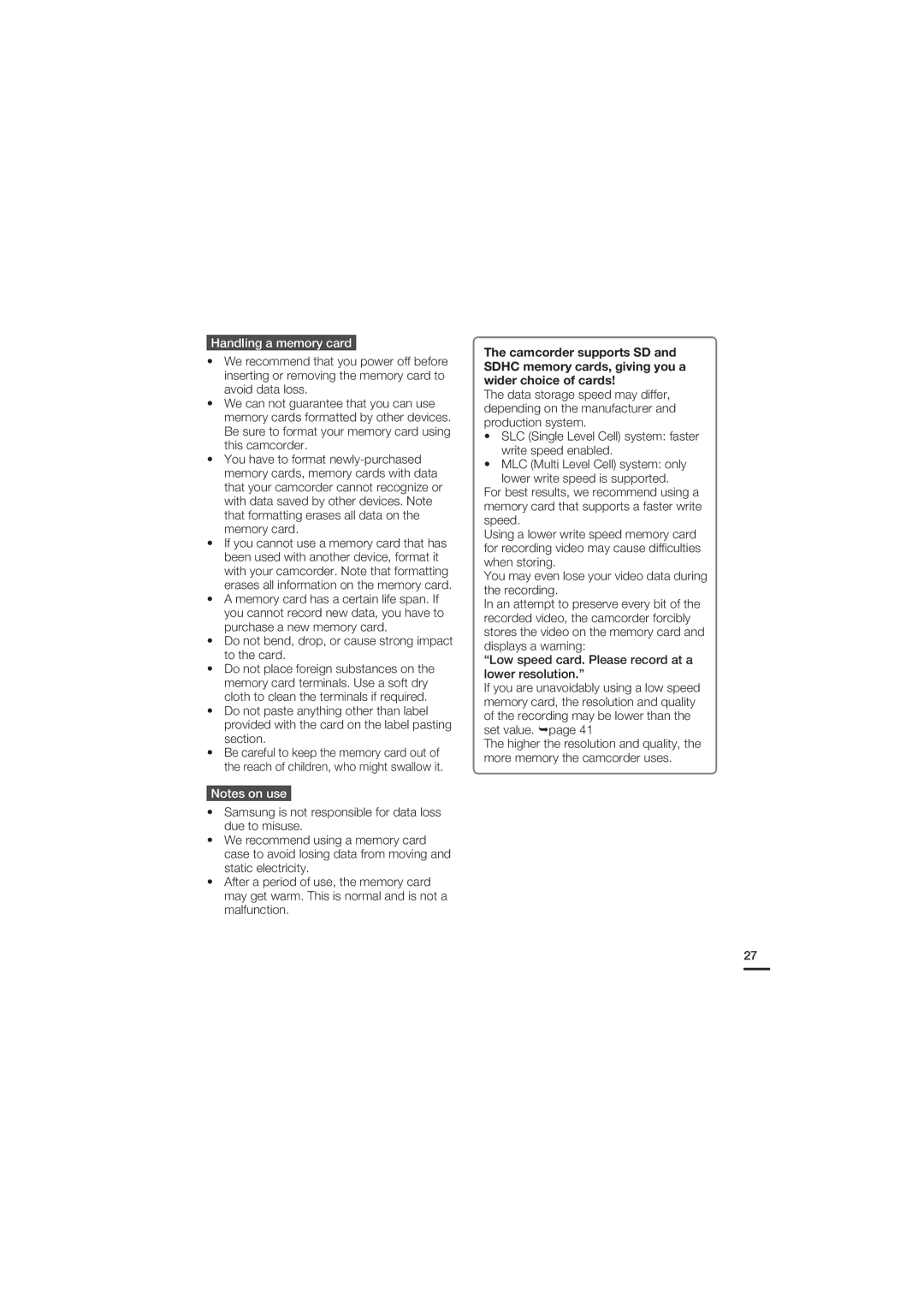 Samsung HMX-U20BN, HMX-U20SN, HMX-U20RN, HMX-U20LN user manual Handling a memory card 