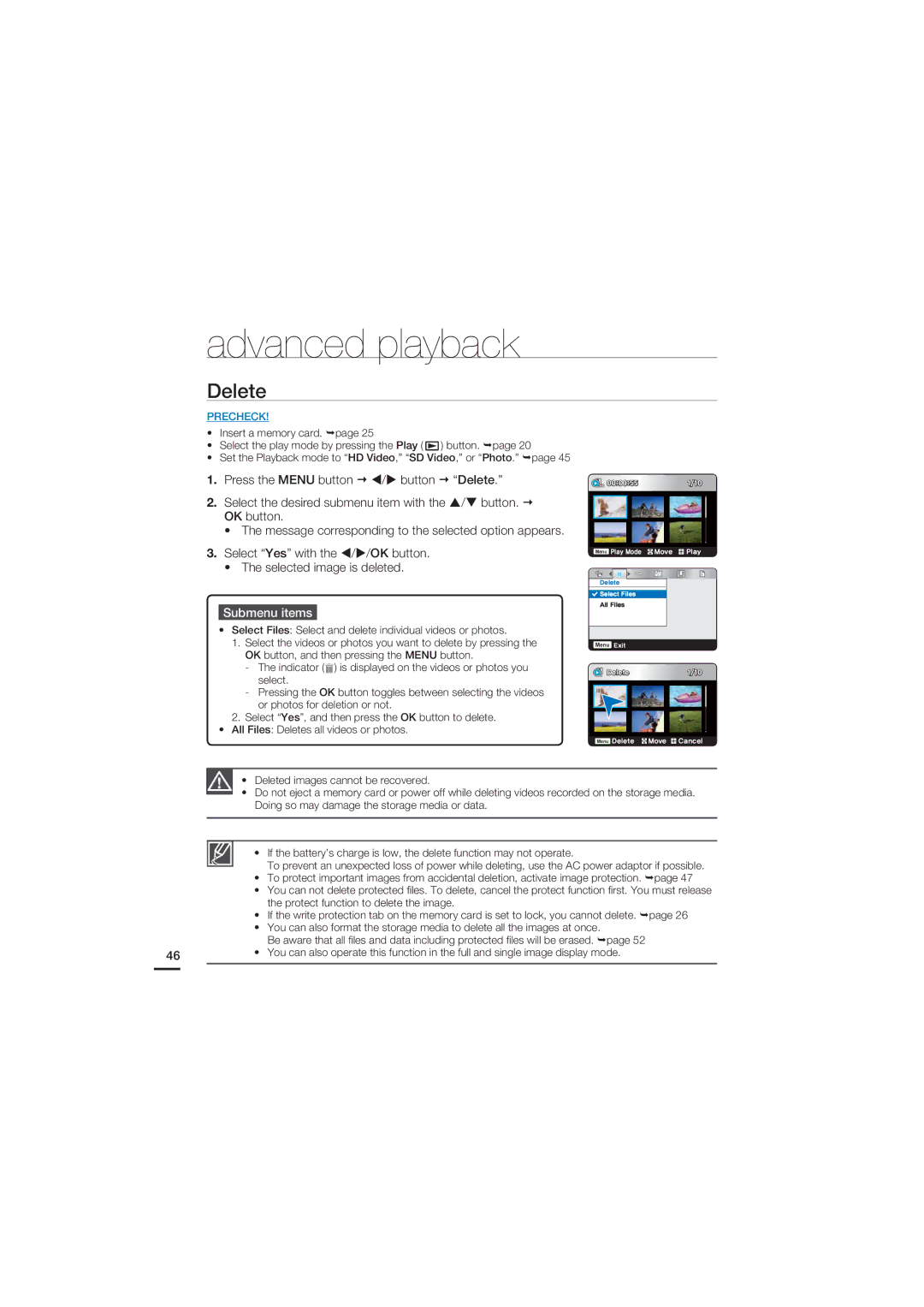 Samsung HMX-U20SN, HMX-U20BN, HMX-U20RN, HMX-U20LN user manual Press the Menu button Button Delete 