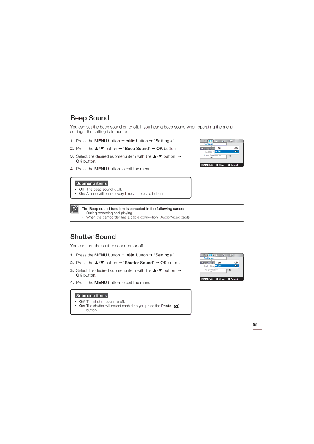 Samsung HMX-U20BN, HMX-U20SN, HMX-U20RN, HMX-U20LN user manual Beep Sound, Shutter Sound 