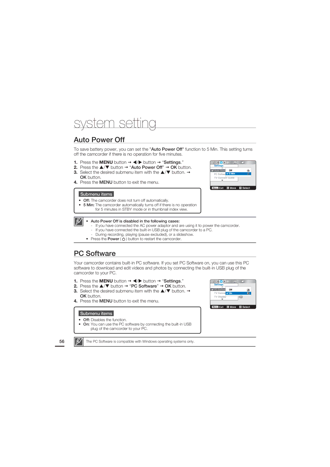 Samsung HMX-U20RN, HMX-U20SN, HMX-U20BN, HMX-U20LN user manual Auto Power Off, PC Software 