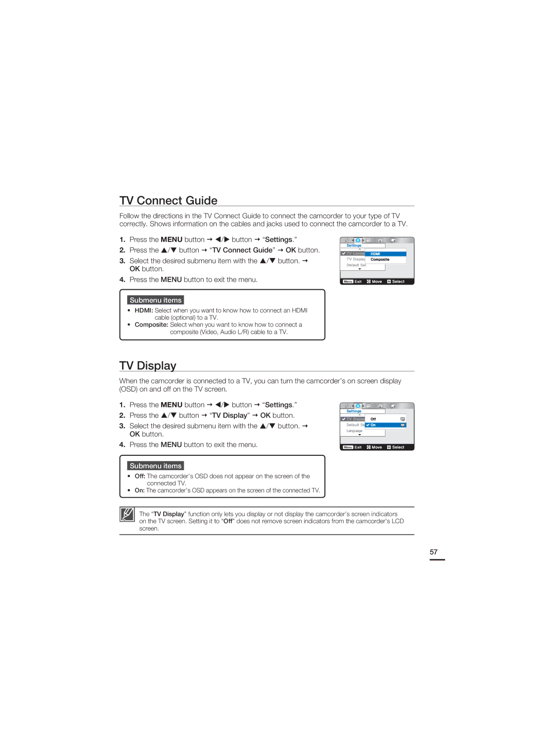 Samsung HMX-U20LN, HMX-U20SN, HMX-U20BN, HMX-U20RN user manual TV Connect Guide, TV Display 