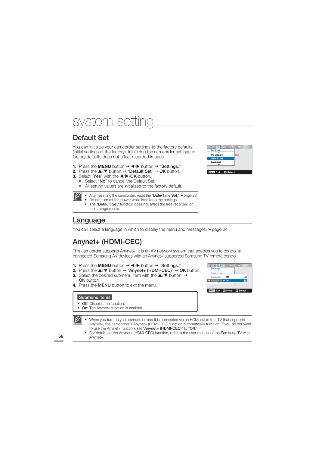 Samsung HMX-U20SN, HMX-U20BN, HMX-U20RN, HMX-U20LN user manual Default Set, Language, Anynet+ HDMI-CEC 