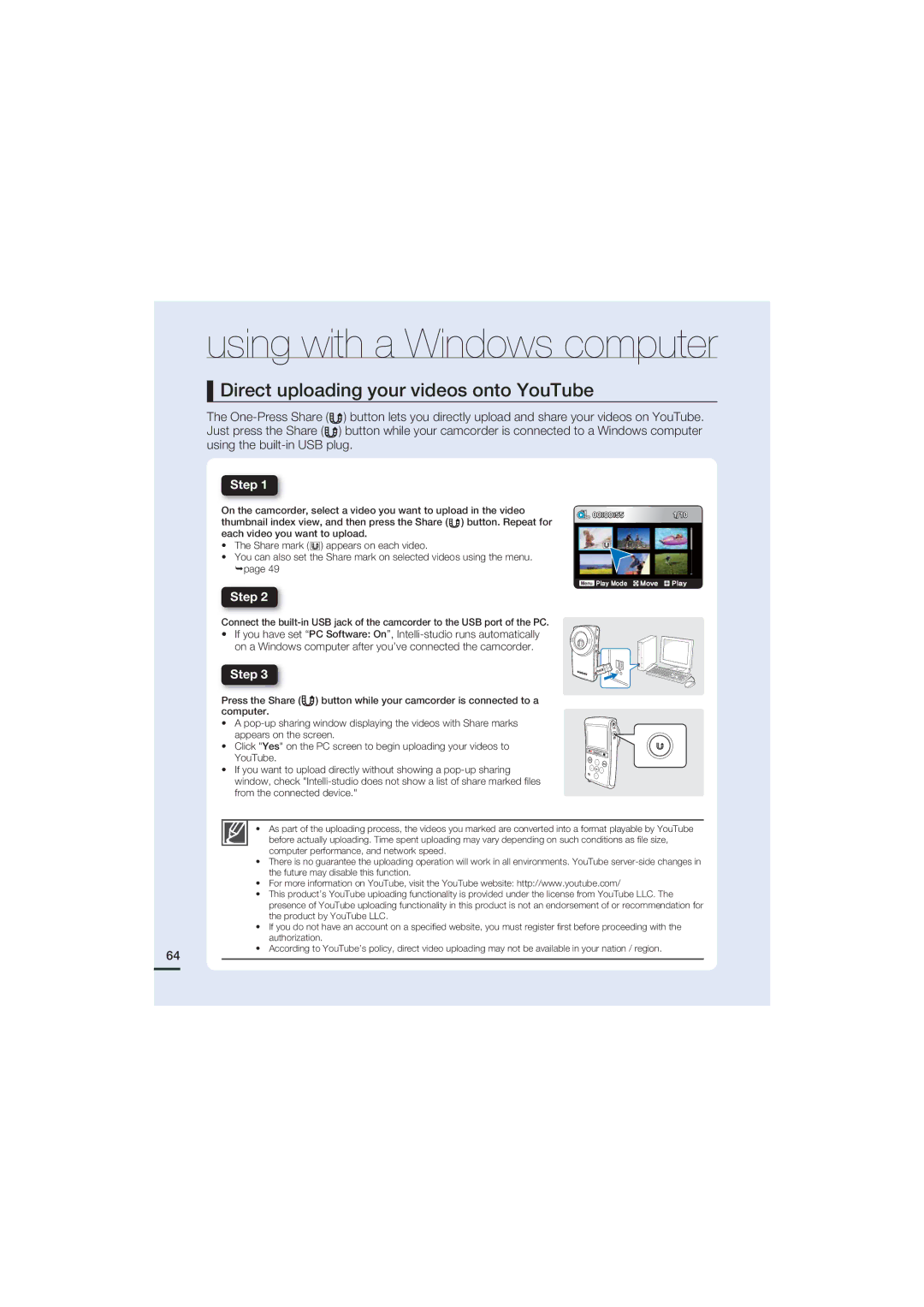 Samsung HMX-U20RN, HMX-U20SN, HMX-U20BN, HMX-U20LN user manual Direct uploading your videos onto YouTube, Step 