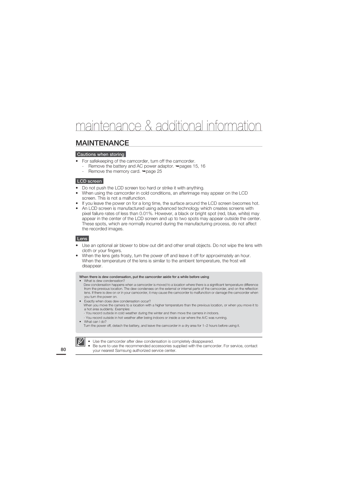 Samsung HMX-U20RN, HMX-U20SN, HMX-U20BN, HMX-U20LN user manual Maintenance, LCD screen, Lens 