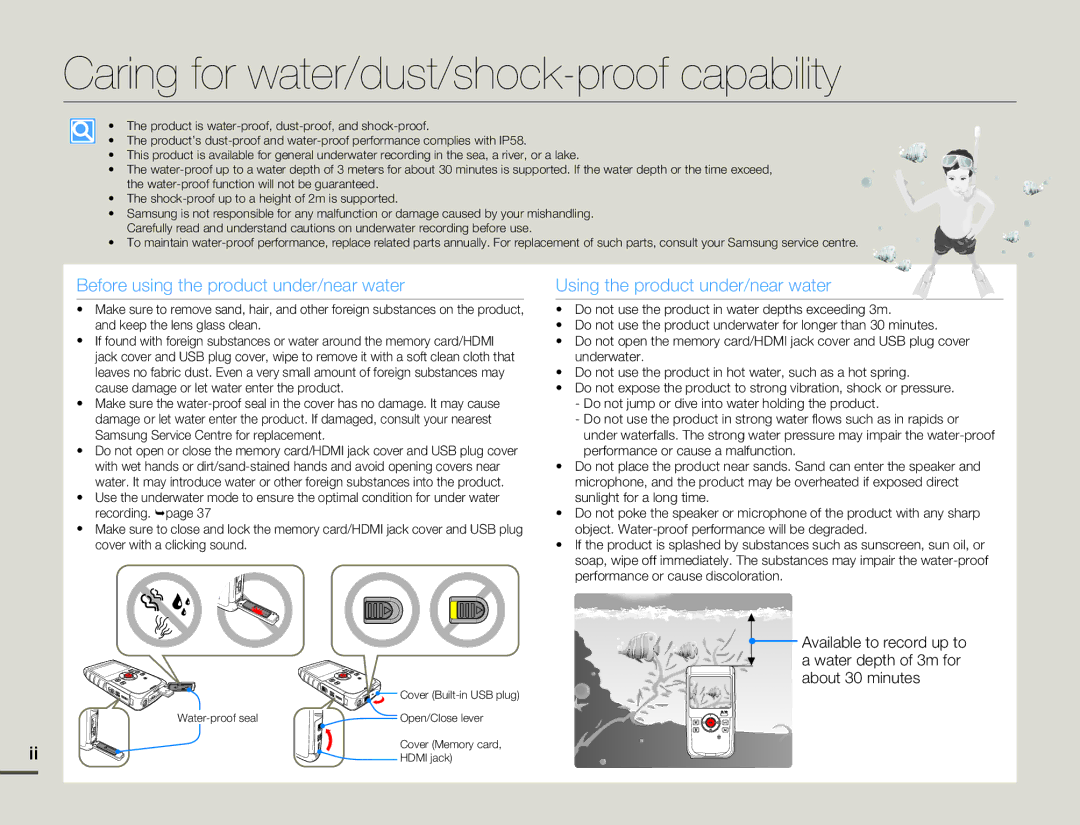 Samsung HMX-W200TP/XER manual Caring for water/dust/shock-proof capability, Before using the product under/near water 