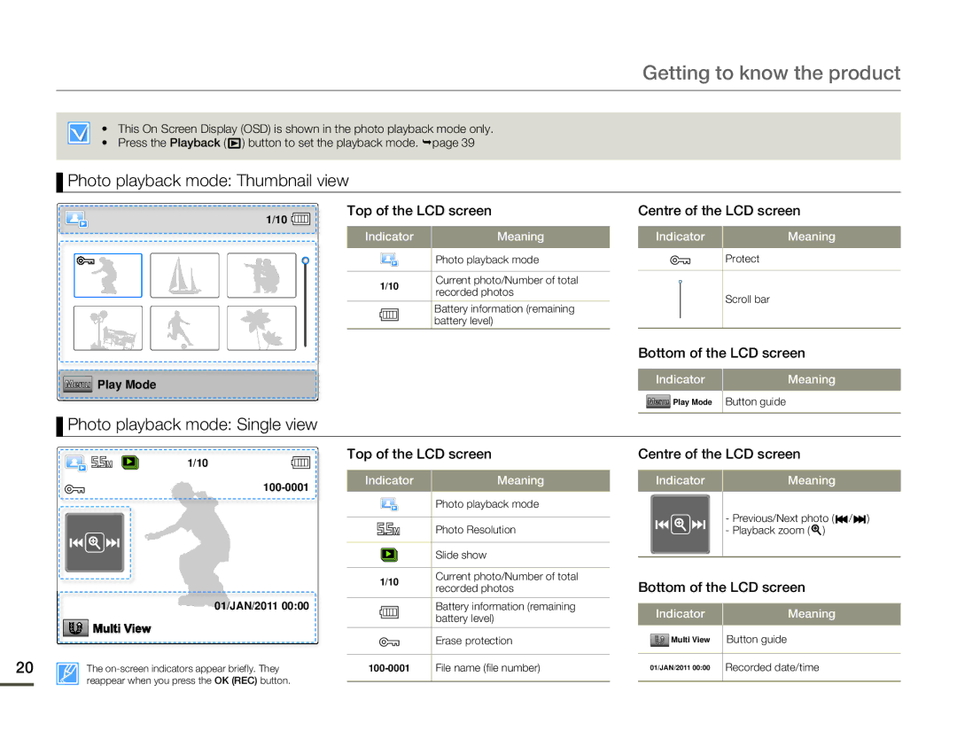 Samsung HMX-W200TP/XER, HMX-W200TP/EDC, HMX-W200RP/EDC Photo playback mode Thumbnail view, Photo playback mode Single view 