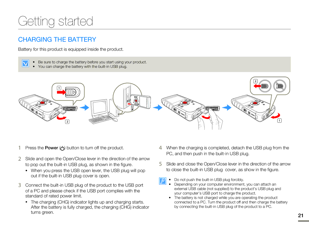 Samsung HMX-W200RP/XER Getting started, Charging the Battery, Battery for this product is equipped inside the product 