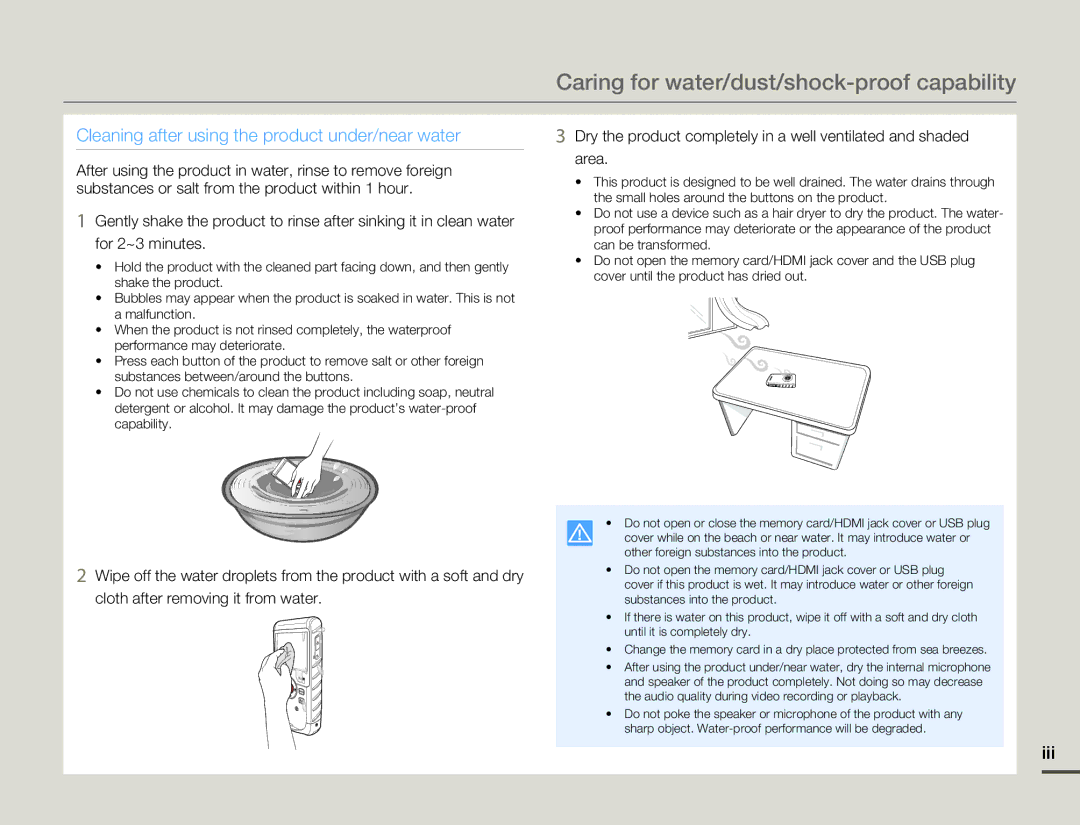 Samsung HMX-W200RP/XER, HMX-W200TP/EDC, HMX-W200RP/EDC, HMX-W200TP/XER Caring for water/dust/shock-proof capability, Iii 