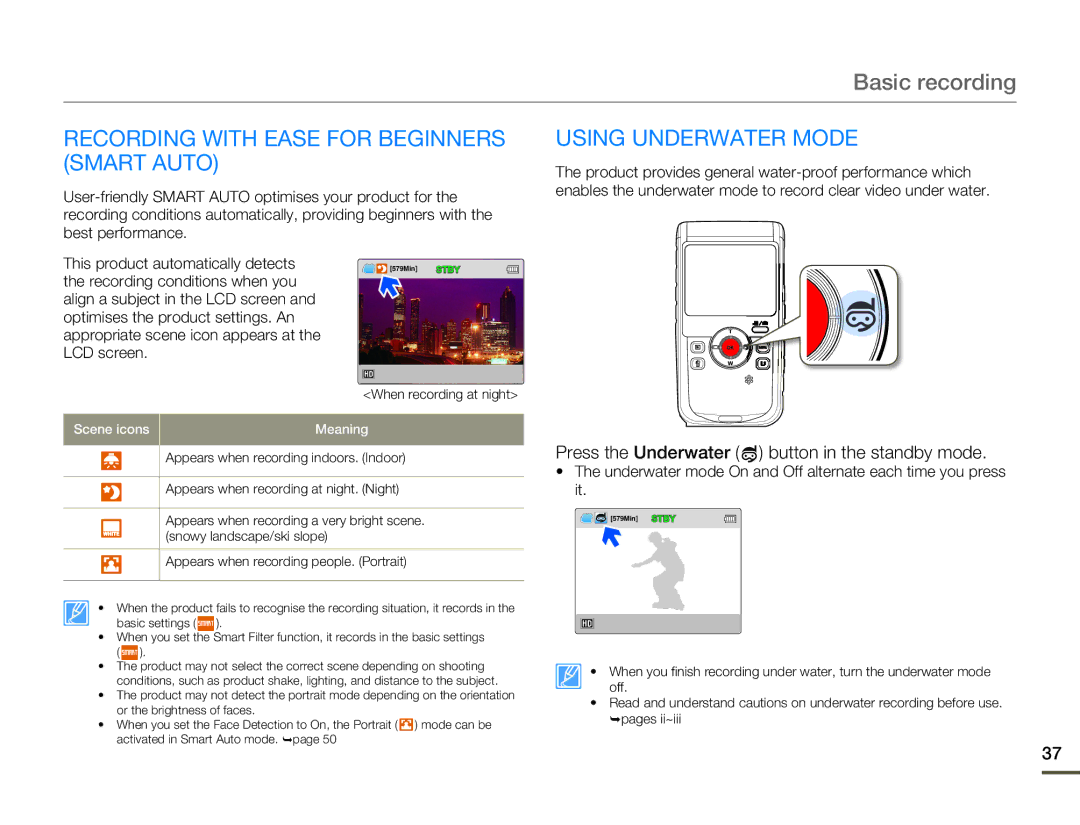 Samsung HMX-W200RP/XIL, HMX-W200TP/EDC, HMX-W200RP/EDC Recording with Ease for Beginners Smart Auto, Using Underwater Mode 