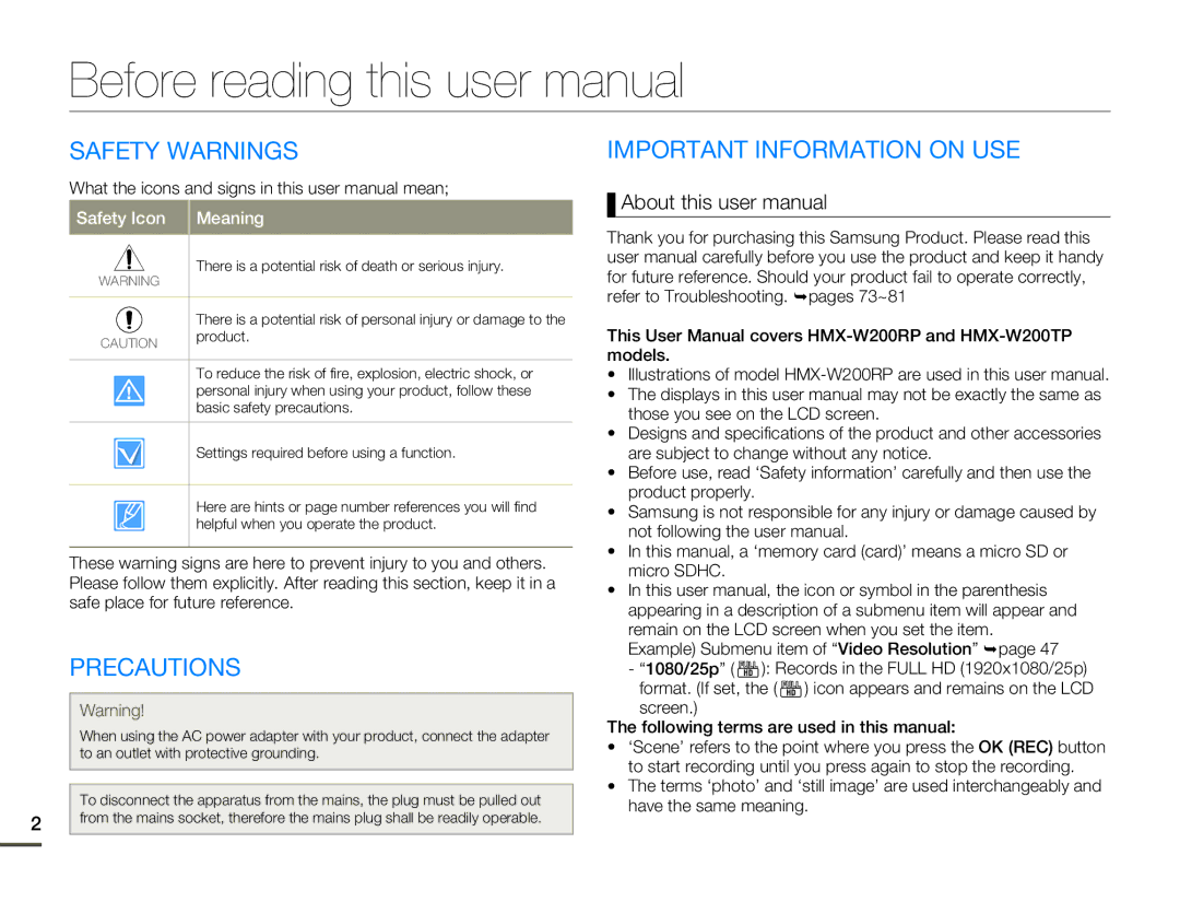 Samsung HMX-W200RP/XIL, HMX-W200TP/EDC, HMX-W200RP/EDC manual Safety Warnings, Precautions, Important Information on USE 