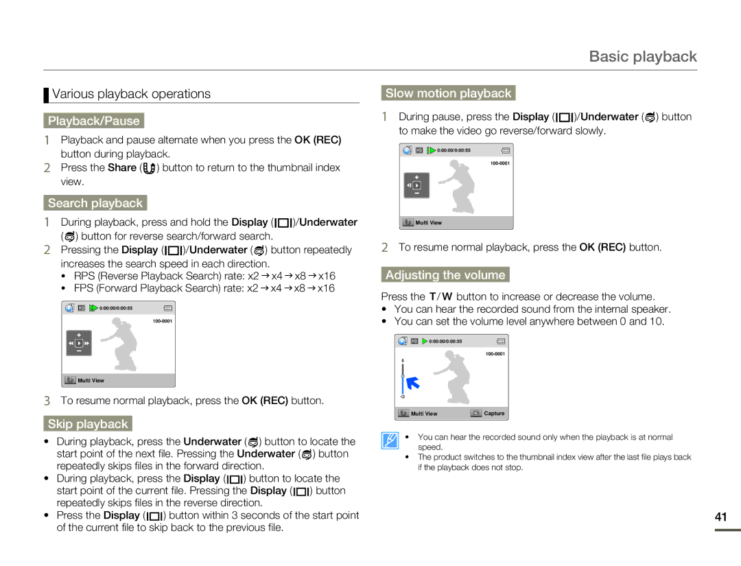 Samsung HMX-W200RP/XER manual Playback/Pause, Search playback, Skip playback, Slow motion playback, Adjusting the volume 