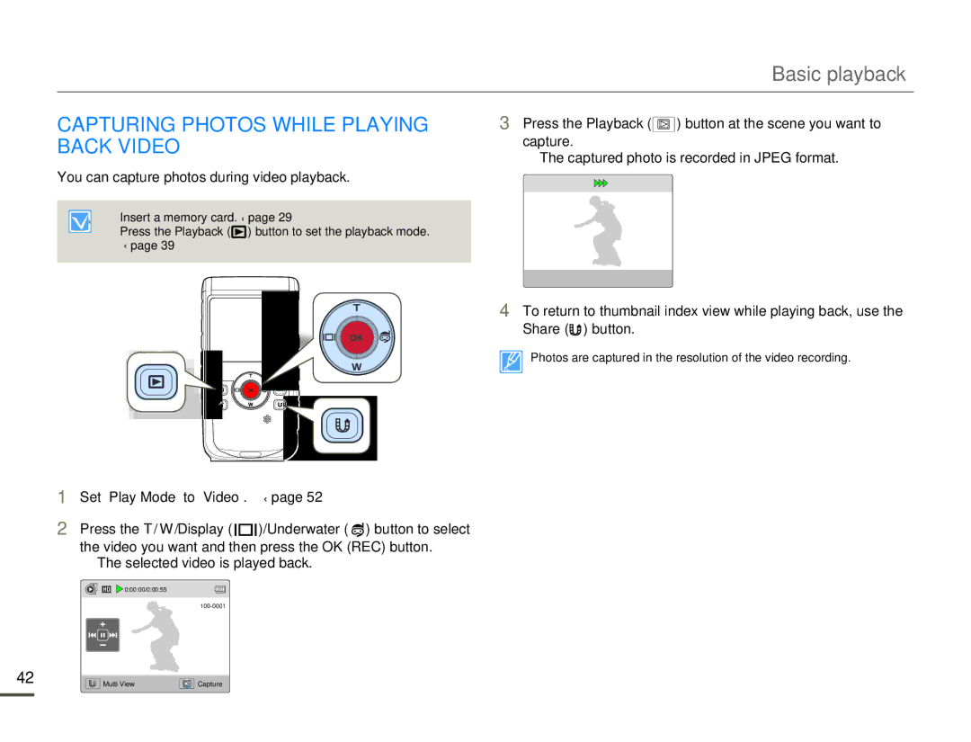 Samsung HMX-W200RP/XIL manual Capturing Photos While Playing Back Video, You can capture photos during video playback 