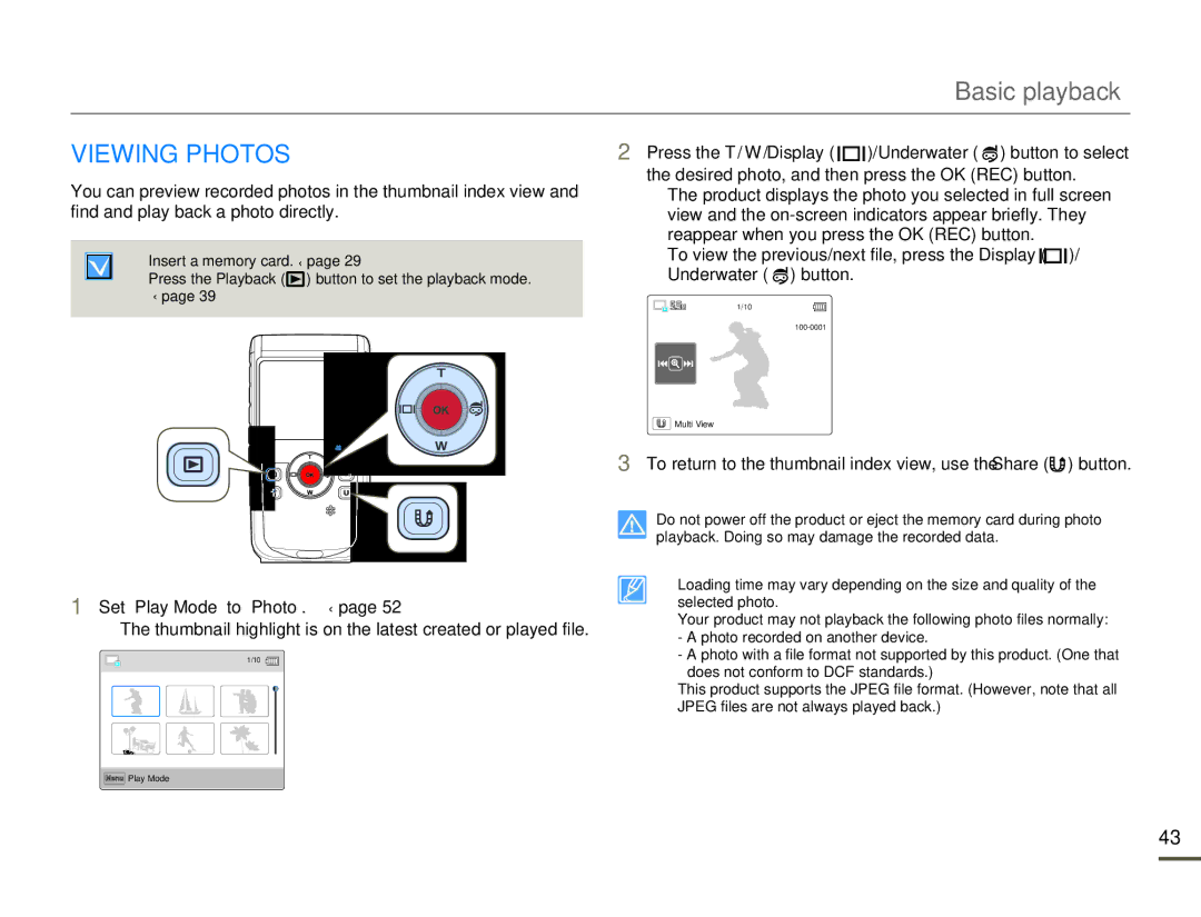 Samsung HMX-W200TP/EDC, HMX-W200RP/EDC manual Viewing Photos, To return to the thumbnail index view, use the Share button 