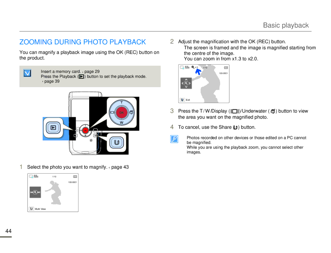 Samsung HMX-W200RP/EDC, HMX-W200TP/EDC manual Zooming During Photo Playback, Select the photo you want to magnify. ¬page 