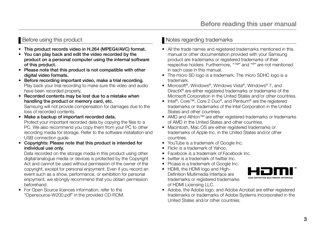 Samsung HMX-W200TP/EDC, HMX-W200RP/EDC, HMX-W200TP/XER, HMX-W200RP/XER, HMX-W200RP/XIL manual Before using this product 