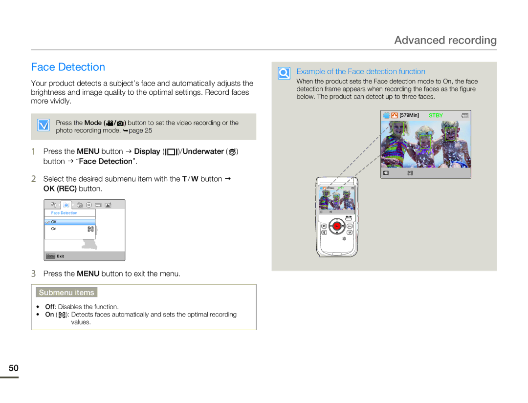 Samsung HMX-W200TP/XER, HMX-W200TP/EDC, HMX-W200RP/EDC manual Face Detection, Example of the Face detection function 