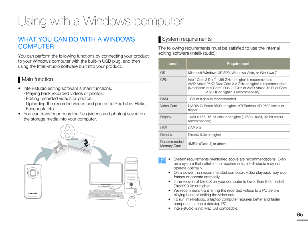 Samsung HMX-W200TP/XER manual Using with a Windows computer, What YOU can do with a Windows Computer, Main function 